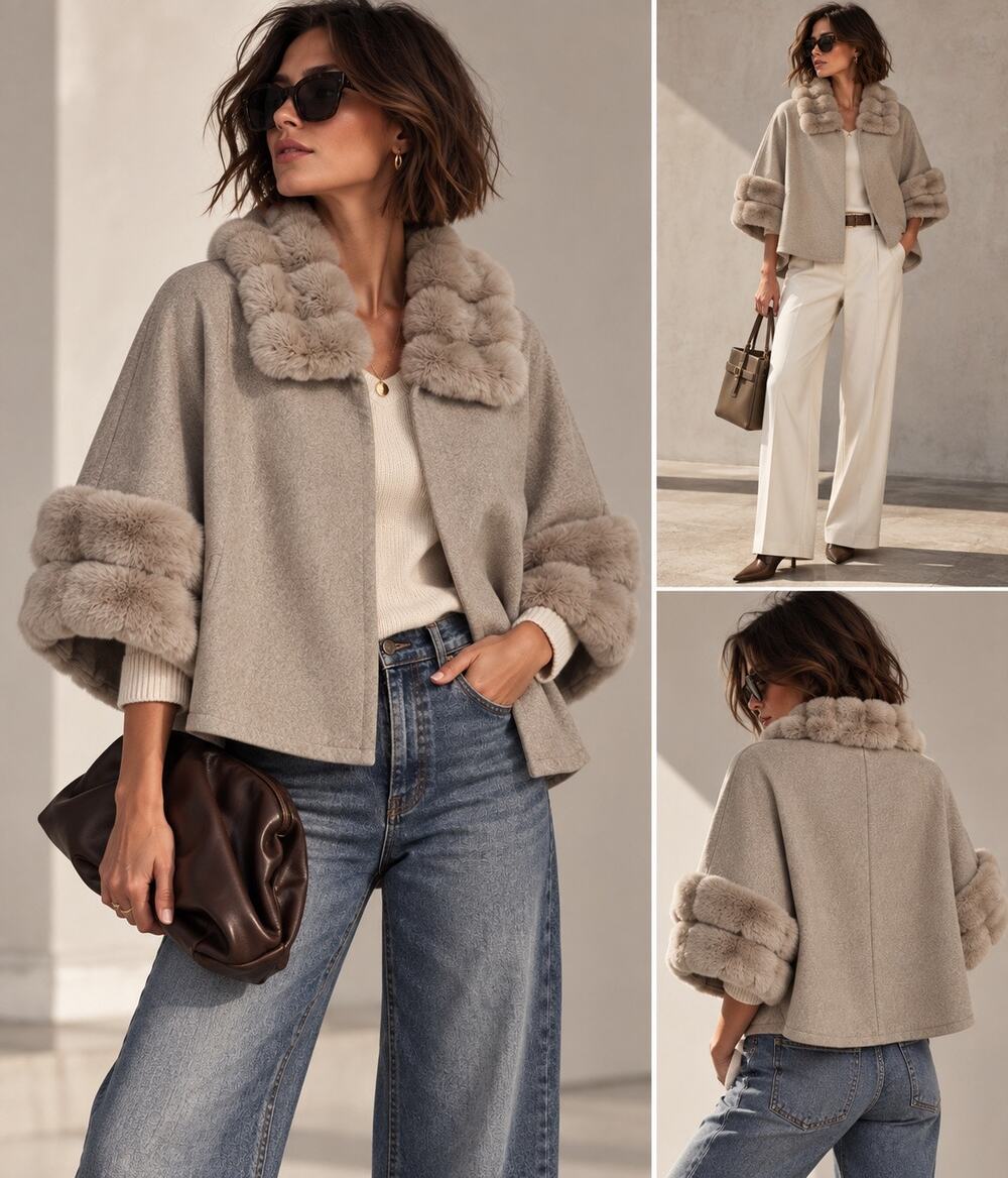 Sasso + Smyth Faux Fur Trim Cape PonchoTopper in Oat One Size